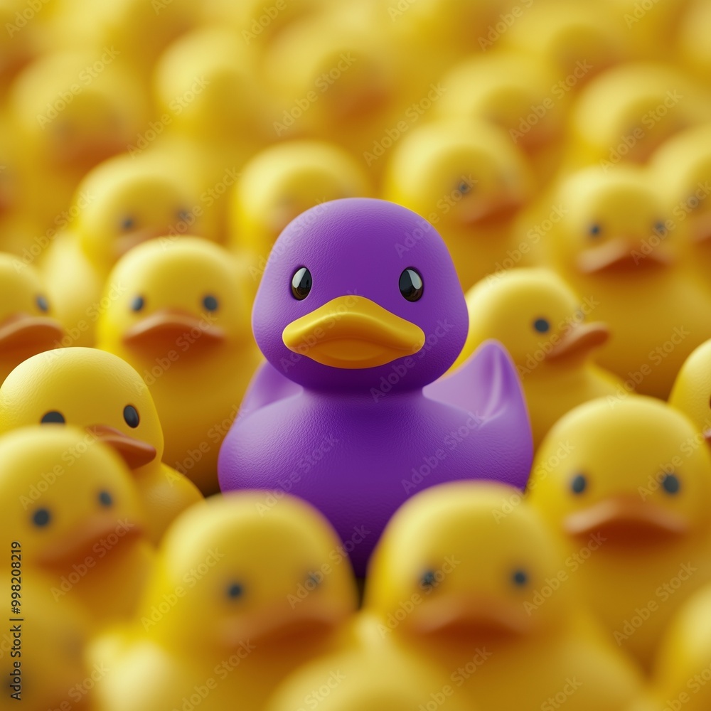 Unique purple toy duck among many yellow ones. standing out from crowd individuality and difference concept. Unique purple toy duck among many yellow ones. standing out from crowd individuality and difference concept.