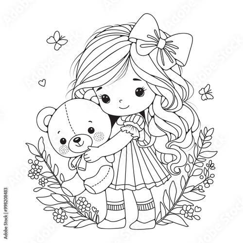 Cute girl with long hair hugging a toy bear. Coloring page for kids and adults. Art therapy. Black and white illustration for printing and coloring.