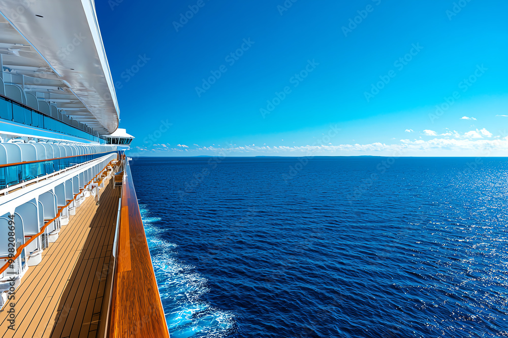 Obraz premium Cruise ship balcony with chic outdoor seating, facing a vibrant blue ocean during daytime, cruise ship balcony ocean view seating, sunny ocean relaxation