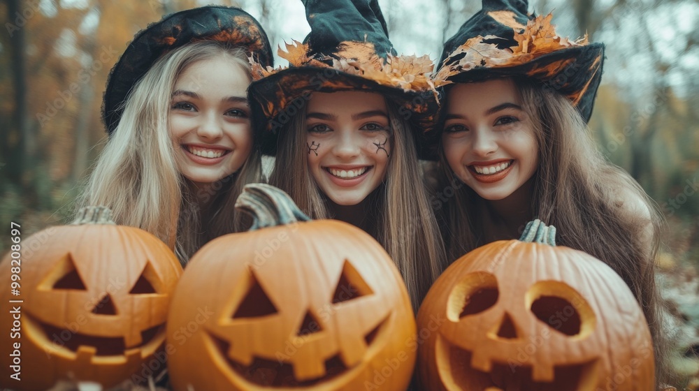 Halloween Celebrations with Witches and Pumpkins in an Autumn Forest Setting Halloween Celebrations with Witches and Pumpkins in an Autumn Forest Setting