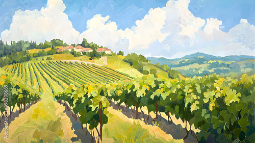 A vineyard stretching across rolling hills, with grapes ripening in the summer sun photo