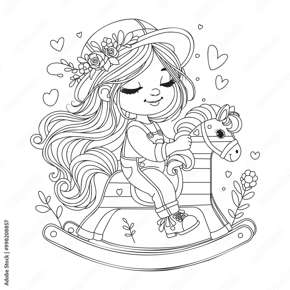 Obraz premium Cute girl with long hair and a hat rides a rocking horse. Coloring page for children and adults. Art therapy. Black and white illustration for coloring.