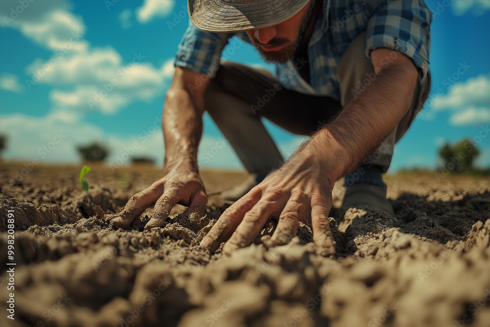 farmer working in a drought-stricken field. farmer working in a drought-stricken field.