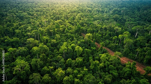 A lush green forest with a dirt road running through it