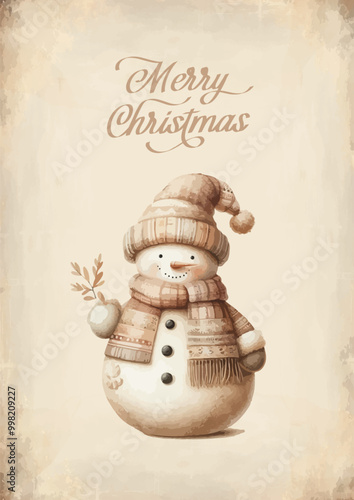 Watercolor snowman with christmas giftbox vector illustration.