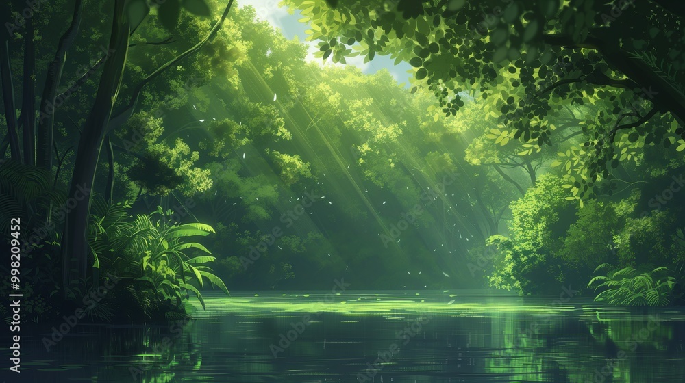 A lush, green forest with a still, reflective pond. Sunlight streams through the trees, illuminating the leaves and casting dappled patterns on the water's surface. A lush, green forest with a still, reflective pond. Sunlight streams through the trees, illuminating the leaves and casting dappled patterns on the water's surface.