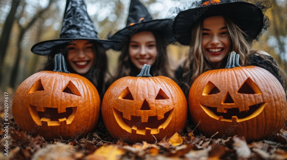 Halloween Celebrations with Witches and Pumpkins in an Autumn Forest Setting Halloween Celebrations with Witches and Pumpkins in an Autumn Forest Setting