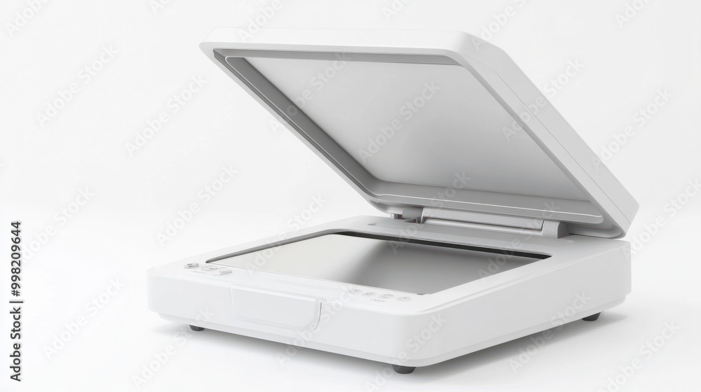 A desktop scanner with an open document tray, isolated on a white background A desktop scanner with an open document tray, isolated on a white background