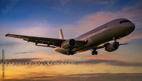 Wallpaper Mural Airplane in the flight, travel background with airplane flying in the blue sky over the clouds. Flying airplane with sunset. Torontodigital.ca