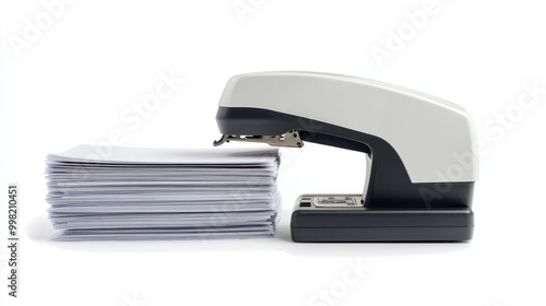 A modern stapler with a stack of papers beside it, isolated on a white background