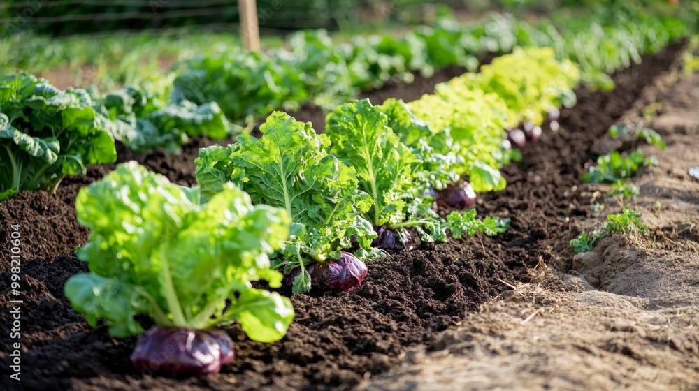 A row of plants with some purple vegetables in the middle A row of plants with some purple vegetables in the middle