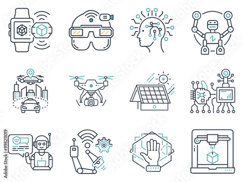 Future technology icons including smart watches, AR glasses, artificial intelligence, robots, drones, solar panels, and 3D printers
