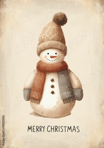 Watercolor snowman with christmas giftbox vector illustration.