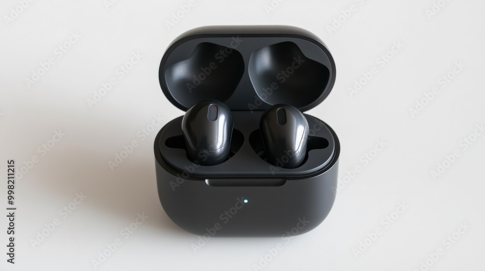 A pair of wireless earbuds in a charging case, isolated on a white background A pair of wireless earbuds in a charging case, isolated on a white background