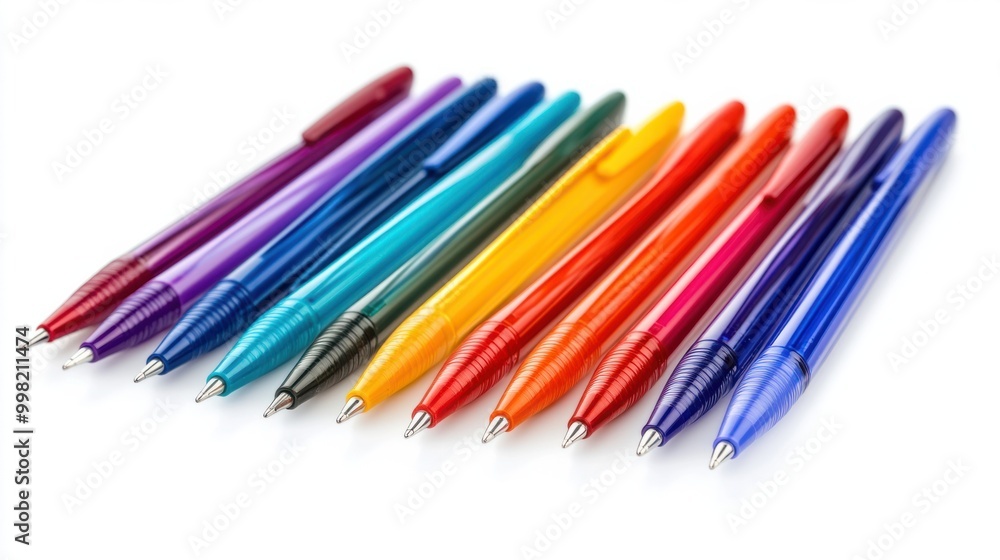 A set of ballpoint pens in various colors, isolated on a white background A set of ballpoint pens in various colors, isolated on a white background