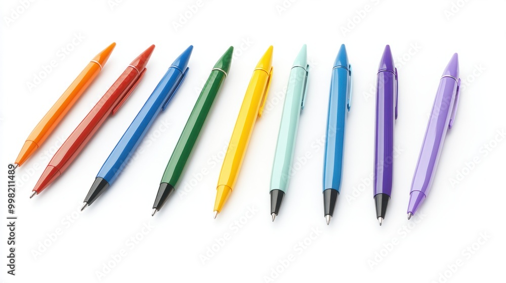 A set of ballpoint pens in various colors, isolated on a white background A set of ballpoint pens in various colors, isolated on a white background