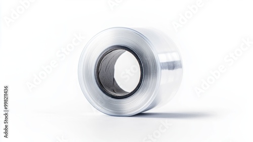 A roll of clear adhesive tape with a dispenser, isolated on a white background