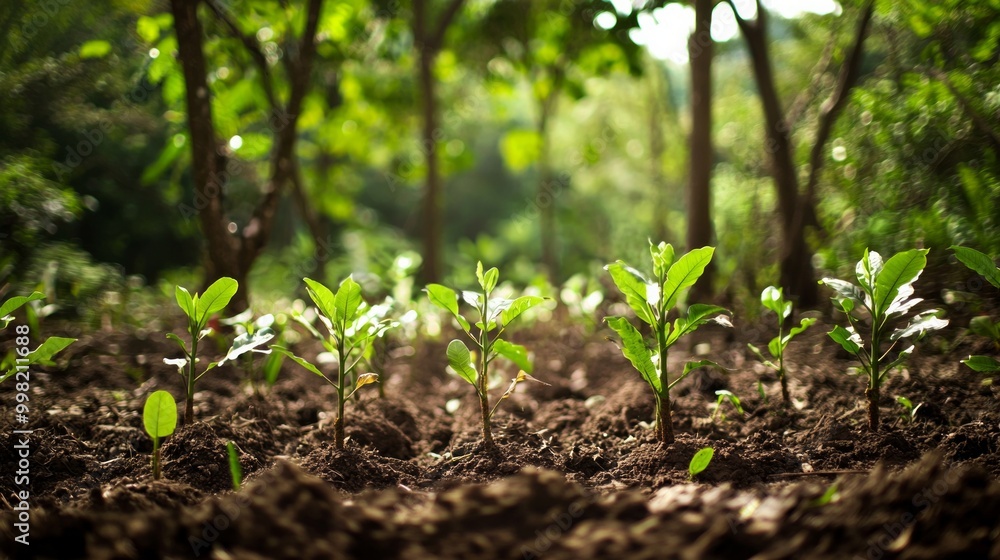 A group of young plants are growing in a field A group of young plants are growing in a field