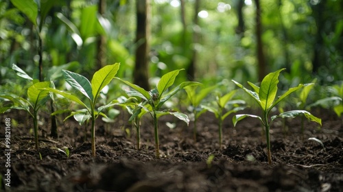 A group of young plants are growing in the dirt