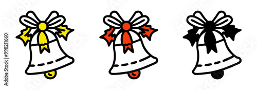Colorful Christmas bell with bows and decorations in playful design, icon set on a transparent background, colors adjustable