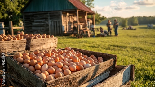 Local egg farm with a family gathering eggs photo