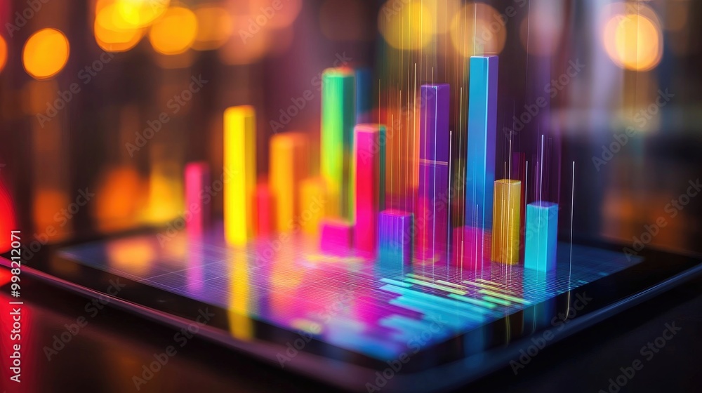 A 3D bar chart in vibrant colors emerging from a tablet screen, symbolizing modern data analytics and interactive technology in business. A 3D bar chart in vibrant colors emerging from a tablet screen, symbolizing modern data analytics and interactive technology in business.