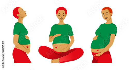 Bright pregnant woman in different poses