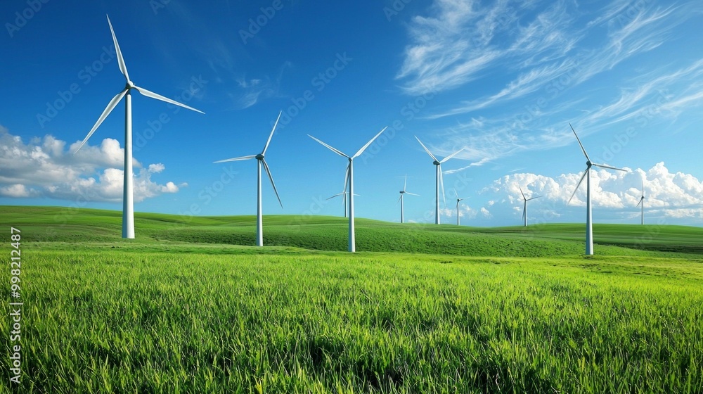 A field of wind turbines with a clear blue sky in the background A field of wind turbines with a clear blue sky in the background