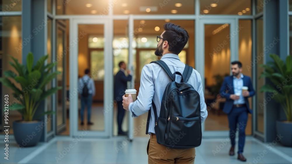 An employee at the entrance to an office building An employee at the entrance to an office building