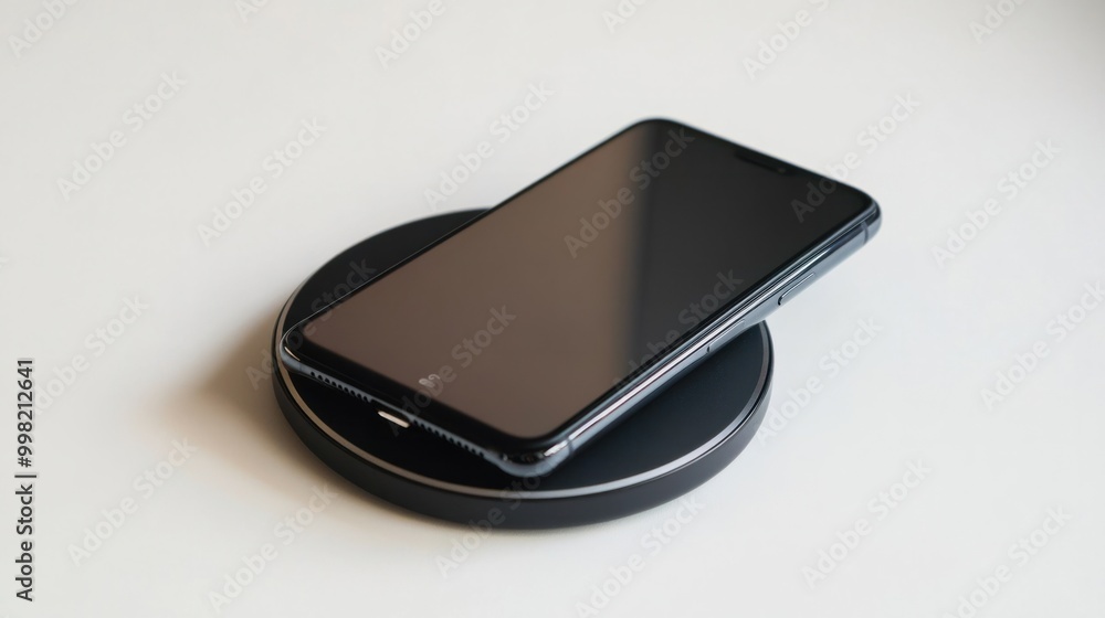 A wireless phone charger with a smartphone on it, isolated on a white background A wireless phone charger with a smartphone on it, isolated on a white background