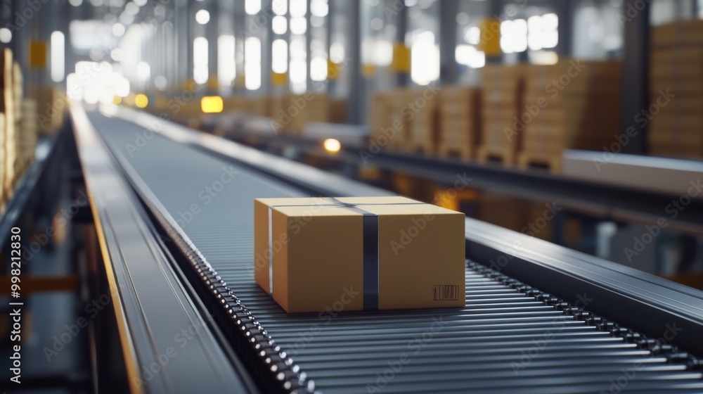 Cardboard boxes being transported on conveyor belt in automated warehouse fulfillment center Cardboard boxes being transported on conveyor belt in automated warehouse fulfillment center