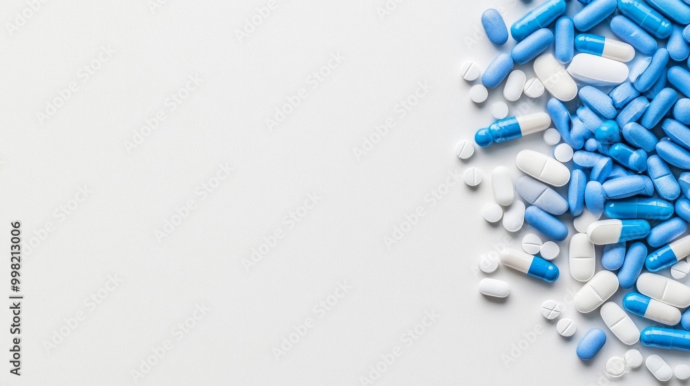 A white background with a bunch of pills scattered around it A white background with a bunch of pills scattered around it