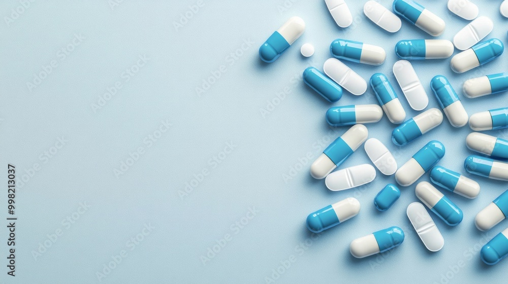 A blue and white pill bottle with many pills in it A blue and white pill bottle with many pills in it