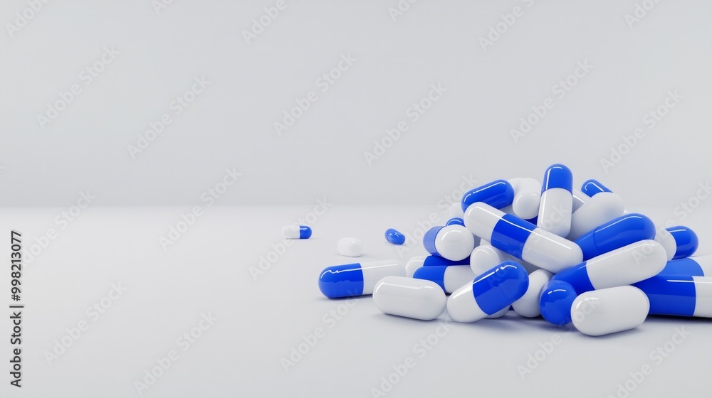 A pile of blue and white pills on a white background A pile of blue and white pills on a white background