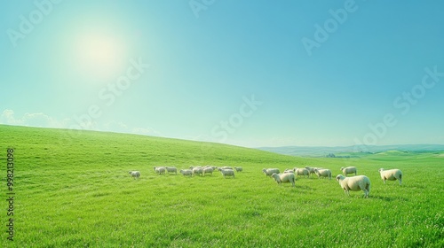 A flock of sheep scattered across a sunny green field, the bright, cloudless sky above emphasizing the peacefulness of the rural landscape.