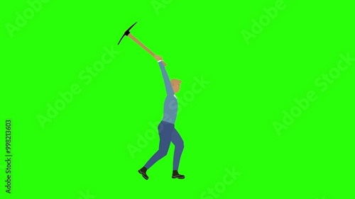 Man working with handle pick tool on green screen, cartoon animation photo