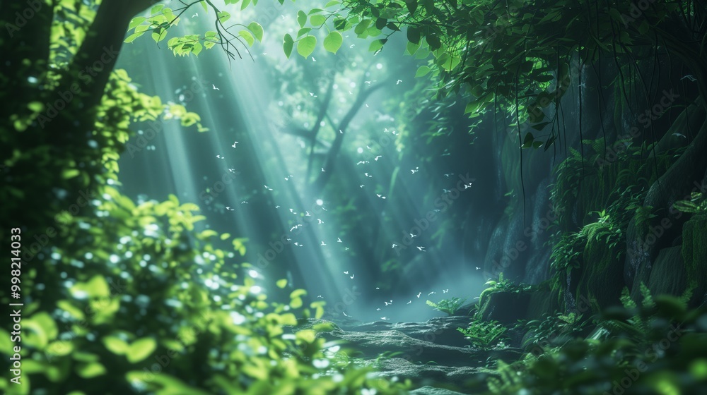 Obraz premium Sunbeams illuminate a lush forest path with a stream running through it.