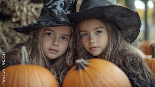 Halloween Celebrations with Witches and Pumpkins in an Autumn Forest Setting