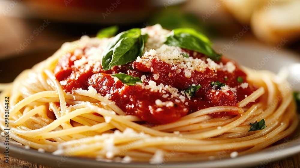 A beautifully plated dish of spaghetti topped with a rich marinara sauce, garnished with fresh basil and grated Parmesan cheese, showcasing the classic Italian comfort food. A beautifully plated dish of spaghetti topped with a rich marinara sauce, garnished with fresh basil and grated Parmesan cheese, showcasing the classic Italian comfort food.