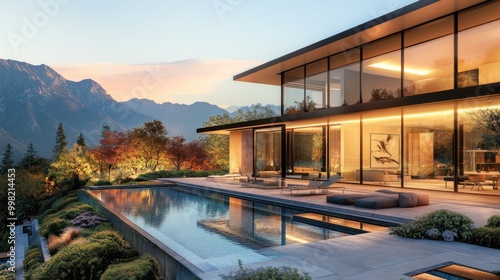 Wallpaper Mural A gorgeous luxury home with floor-to-ceiling glass windows, a picturesque garden, and a contemporary pool, glowing in the warm hues of sunset, with a mountain range backdrop. Torontodigital.ca