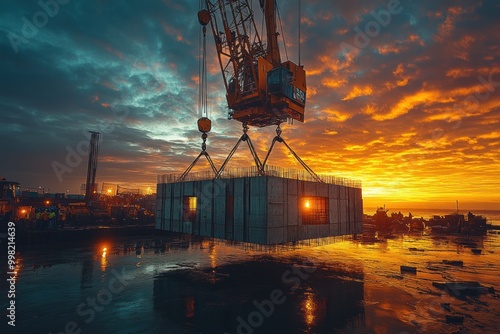 A construction crane lifts a concrete block against a dramatic sunset sky.