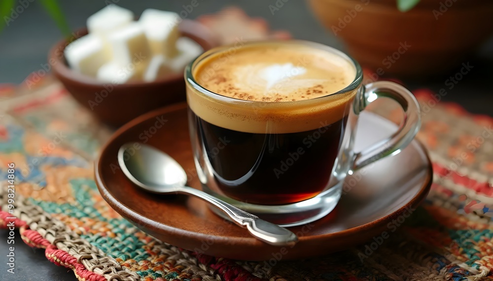 Café Cubano espresso in a glass cup with sugar cubes on a wooden saucer (Cuban Cuisine)