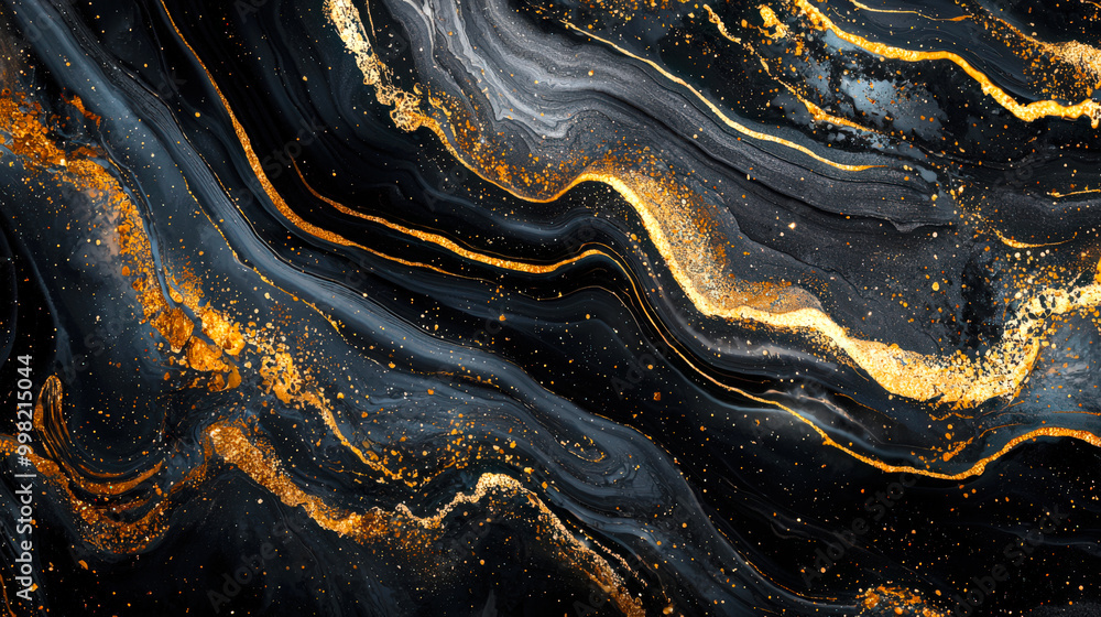 Golden ink spreads in a thick, oily black paint. The cosmic distance. Star Trek. A distant galaxy. Gold sequins are scattered throughout the pattern, giving it a luxurious and elegant look Golden ink spreads in a thick, oily black paint. The cosmic distance. Star Trek. A distant galaxy. Gold sequins are scattered throughout the pattern, giving it a luxurious and elegant look