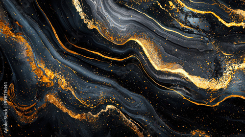 Golden ink spreads in a thick, oily black paint. The cosmic distance. Star Trek. A distant galaxy. Gold sequins are scattered throughout the pattern, giving it a luxurious and elegant look