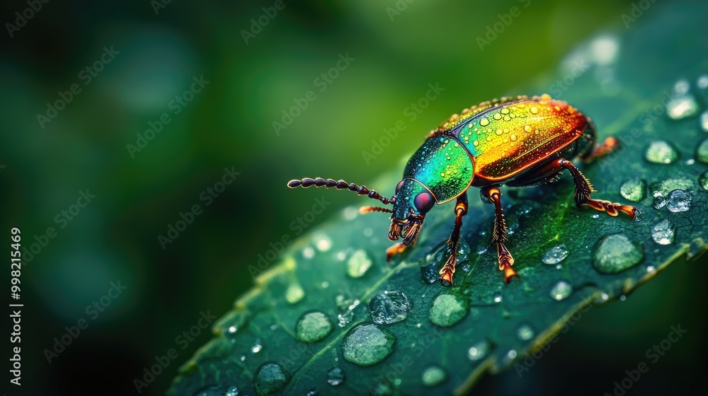 A beetle with iridescent colors sitting on a wet leaf after rain, with droplets reflecting the light, creating a fresh and vibrant nature scene.