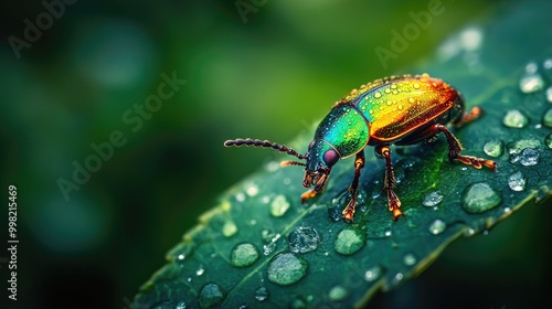 Wallpaper Mural A beetle with iridescent colors sitting on a wet leaf after rain, with droplets reflecting the light, creating a fresh and vibrant nature scene. Torontodigital.ca