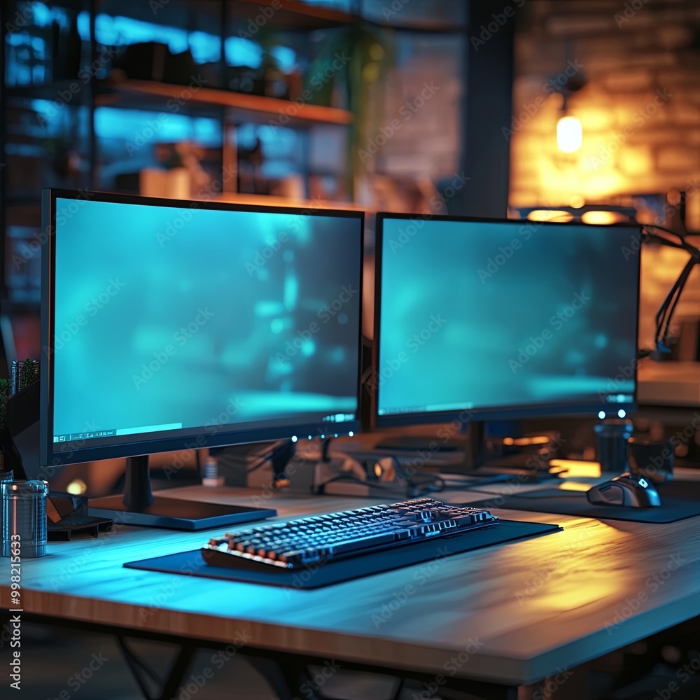 Computer input devices laying on table in front of two blank monitors. Professional computer game playing, esport business and online world concept. Computer input devices laying on table in front of two blank monitors. Professional computer game playing, esport business and online world concept.