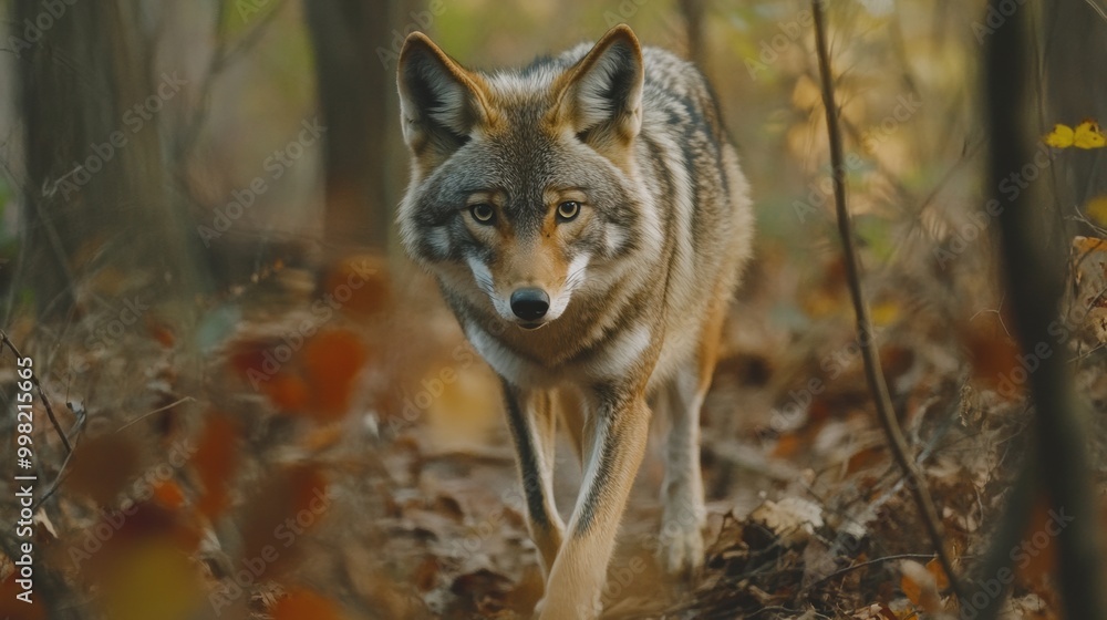 Coyote Walking Through Forest in Autumn Leaves Coyote Walking Through Forest in Autumn Leaves