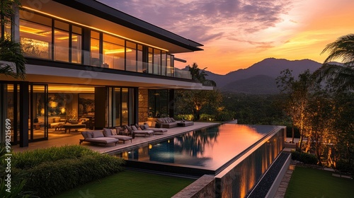 A luxurious home with glass walls, a modern swimming pool, and a well-manicured garden, illuminated by soft, warm lights at sunset, with mountains in the distance.