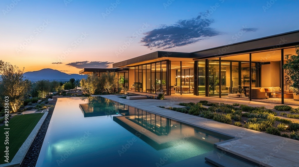 Obraz premium A luxurious home with glass walls, a modern swimming pool, and a well-manicured garden, illuminated by soft, warm lights at sunset, with mountains in the distance.